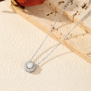 925 Sterling Silver Round Halo Pave Moissanite Necklace 110300030