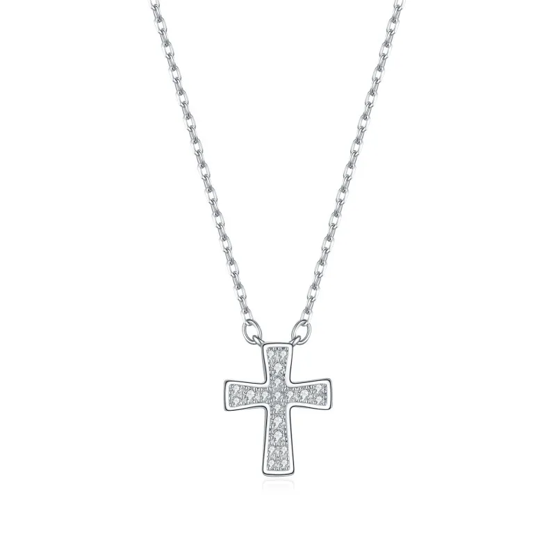 925 Sterling Silver Pave Moissanite Cross Pendant Necklace