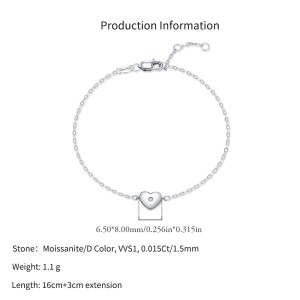 925 Sterling Silver Minimalist Puffed Heart Moissanite Chain Bracelet 110400015
