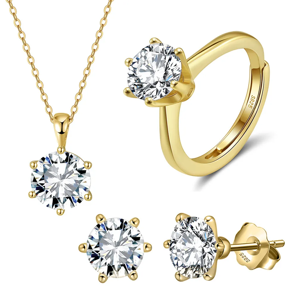 925 Sterling Silver Six Prong Round Moissanite Jewelry Set 110600003