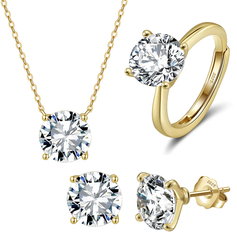 925 Sterling Silver Four Prong Round Moissanite Jewelry Set 110600004