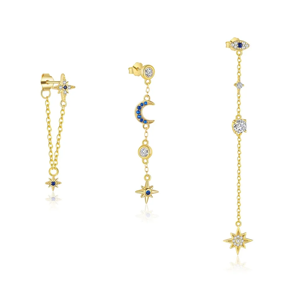 S925 Zirconia Moon Star Evil Eye Tassel Earring Set 140100018