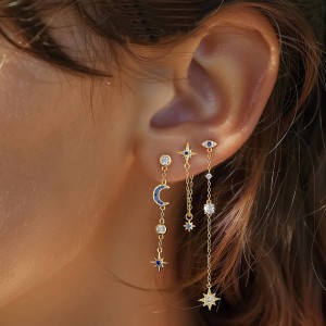 S925 Zirconia Moon Star Evil Eye Tassel Earring Set 140100018