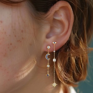 S925 Zirconia Moon Star Evil Eye Tassel Earring Set 140100018