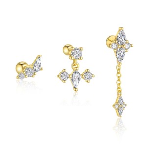 S925 Geometric Zirconia Screw Stud Earring Set 140100023