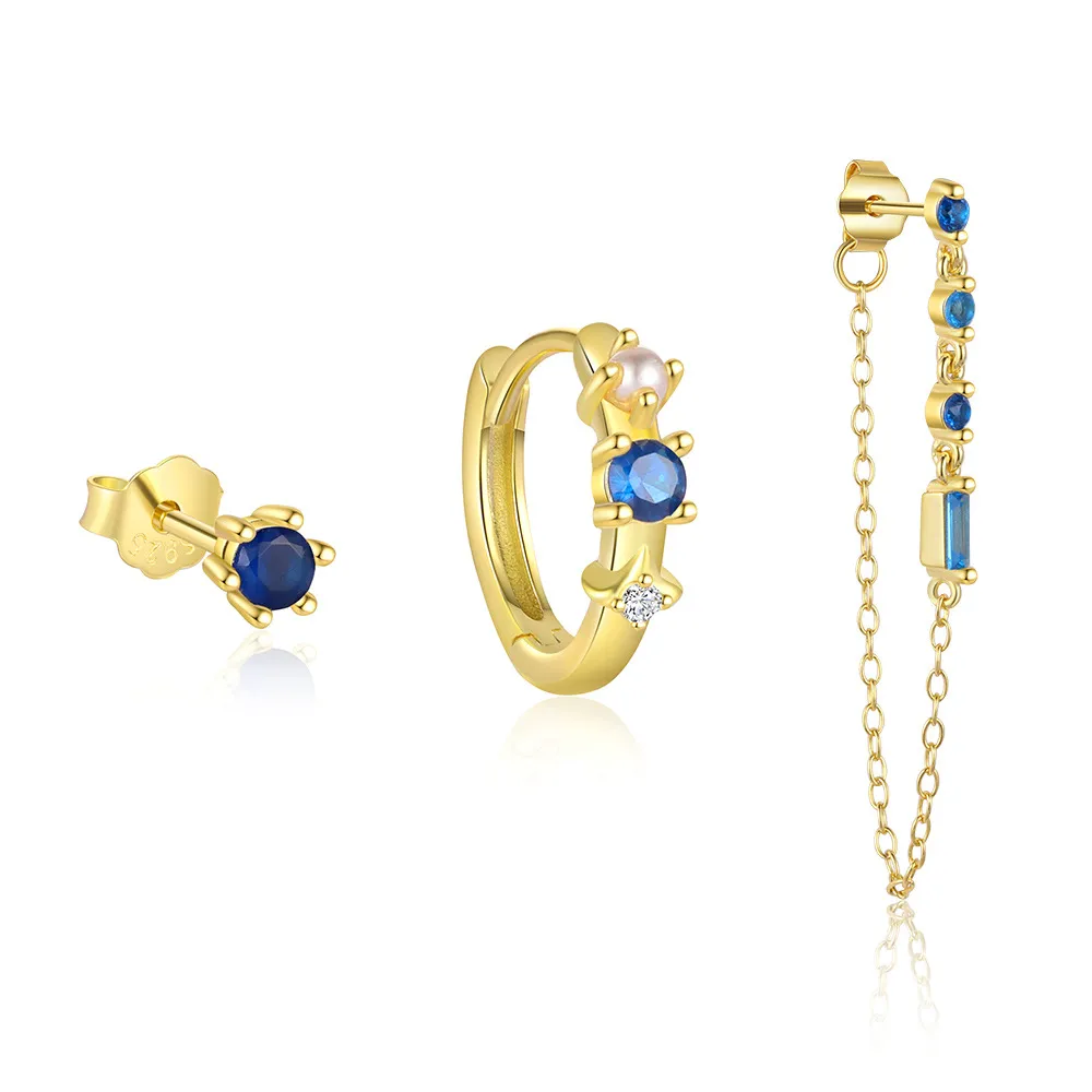 S925 Blue Zirconia Tassel Earring Set 140100031