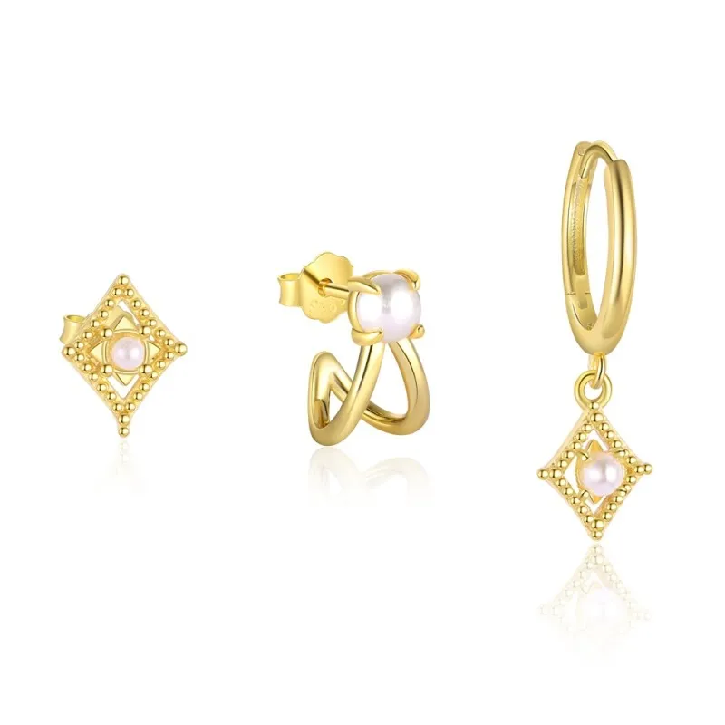 925 Sterling Silver Geometric Pearl Earring Set 140100039