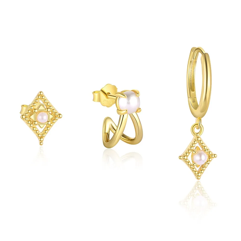 925 Sterling Silver Geometric Pearl Earring Set 140100039