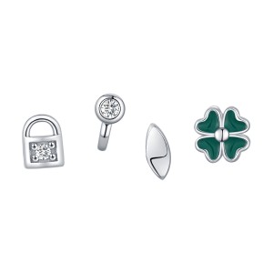 925 Sterling Silver Lock Key Clover Stud Earring Set 140100041