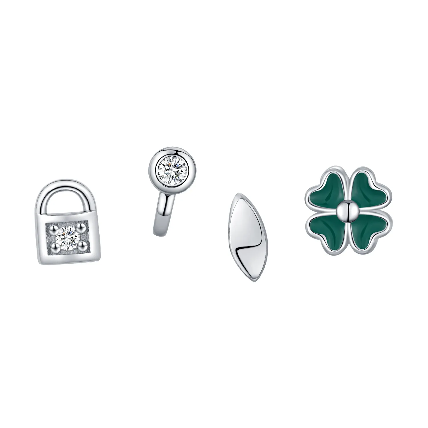 925 Sterling Silver Lock Key Clover Stud Earring Set 140100041