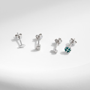 925 Sterling Silver Lock Key Clover Stud Earring Set 140100041