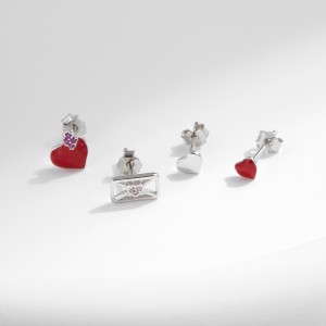 925 Sterling Silver Sweet Heart Stud Earring Set 140100043