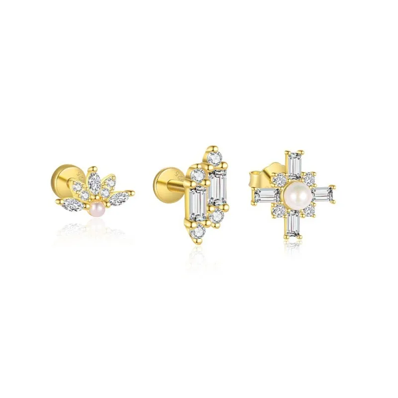 925 Sterling Silver Geometric Baguette CZ Pearl Stud Pack 140100044