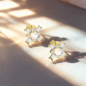 925 Sterling Silver Geometric Baguette CZ Pearl Stud Pack 140100044 925 Sterling Silver Geometric Baguette CZ Pearl Stud Pack 140100044