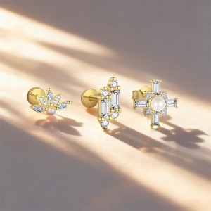 925 Sterling Silver Geometric Baguette CZ Pearl Stud Pack 140100044 925 Sterling Silver Geometric Baguette CZ Pearl Stud Pack 140100044