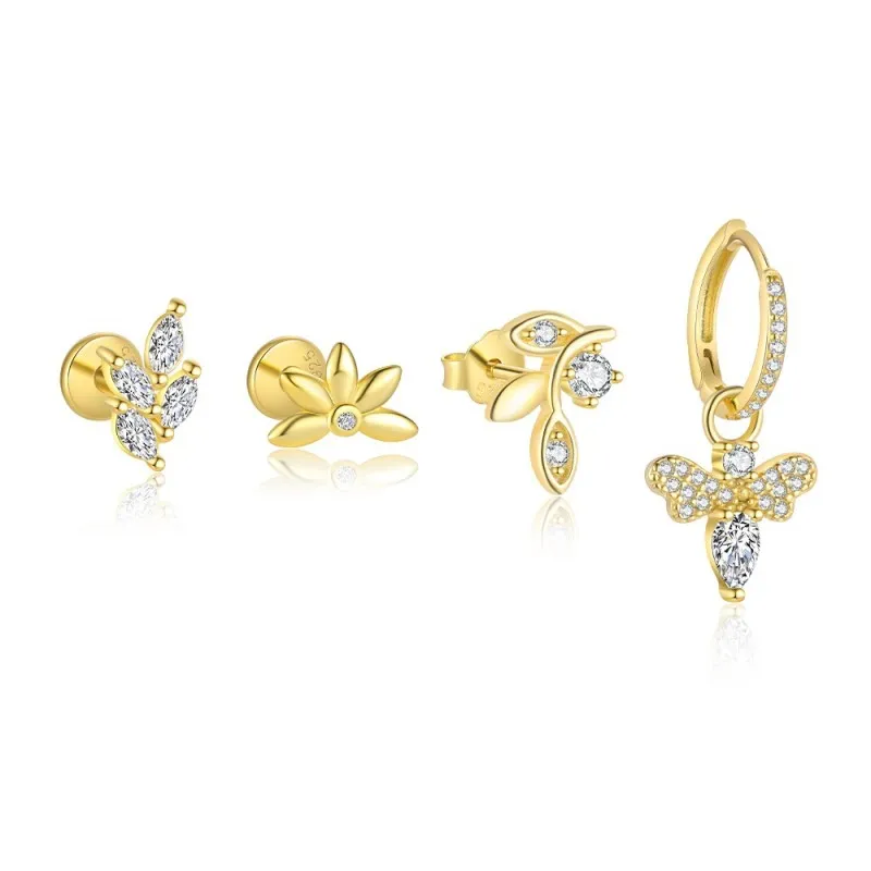 925 Sterling Silver Zircon Bee Floral Leaf Motif Stud Pack 140100045