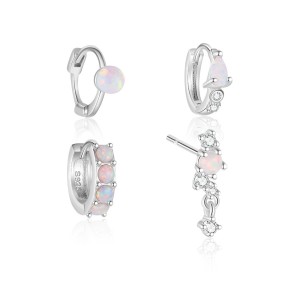925 Sterling Silver Mismatched White Opal Huggie Stud Set 140100046