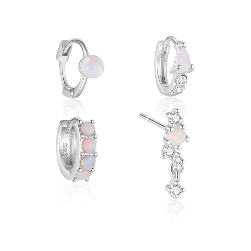 925 Sterling Silver Mismatched White Opal Huggie Stud Set 140100046