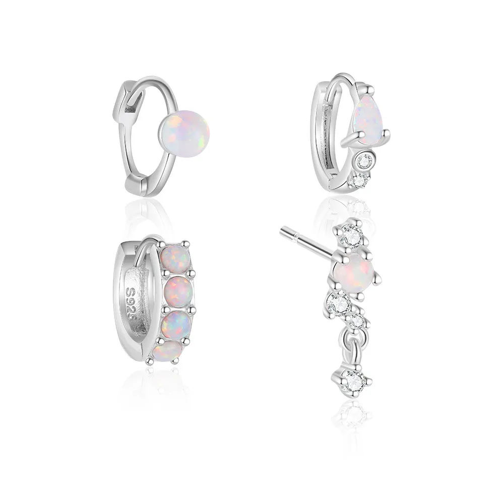 925 Sterling Silver Mismatched White Opal Huggie Stud Set 140100046