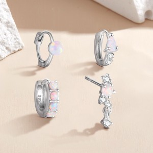 925 Sterling Silver Mismatched White Opal Huggie Stud Set 140100046