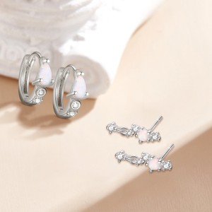 925 Sterling Silver Mismatched White Opal Huggie Stud Set 140100046