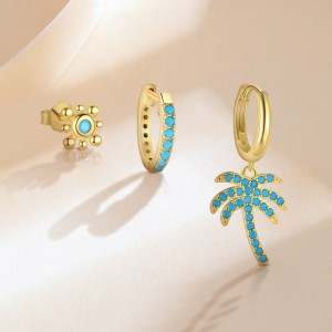 925 Sterling Silver Turquoise Palm Tree Huggie Stacking Earring Set 140100048