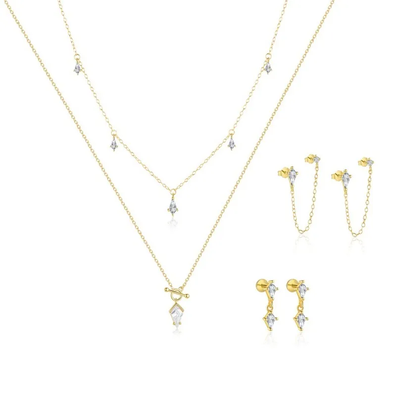 925 Sterling Silver Layered Rhombus CZ Necklace Earring Set 140200011