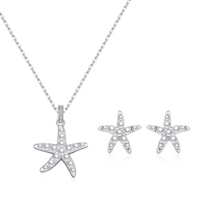 925 Sterling Silver Pearl Starfish Earring Necklace Set 140200013