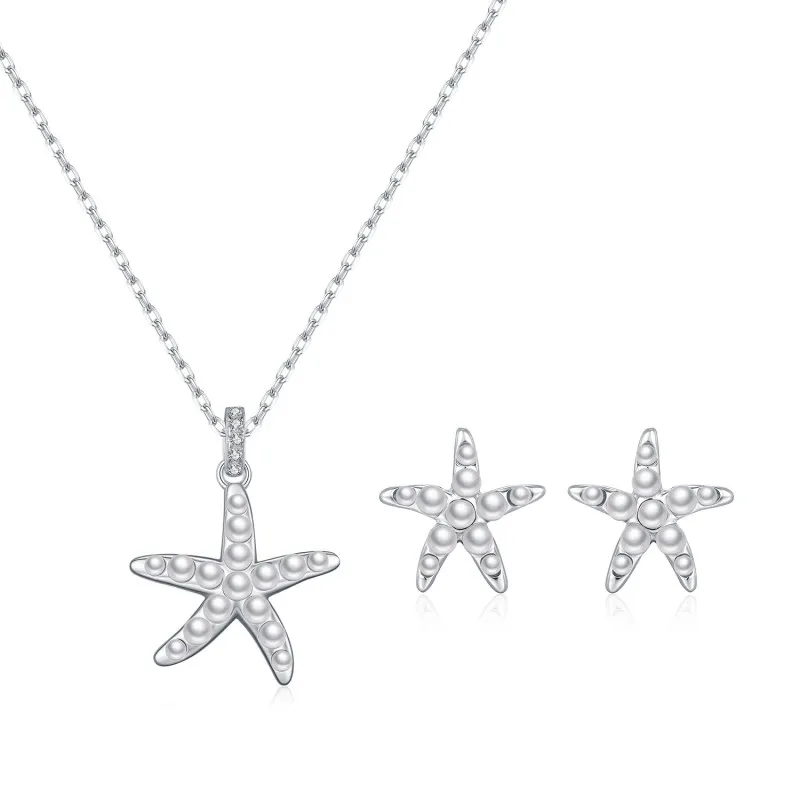 925 Sterling Silver Pearl Starfish Earring Necklace Set 140200013