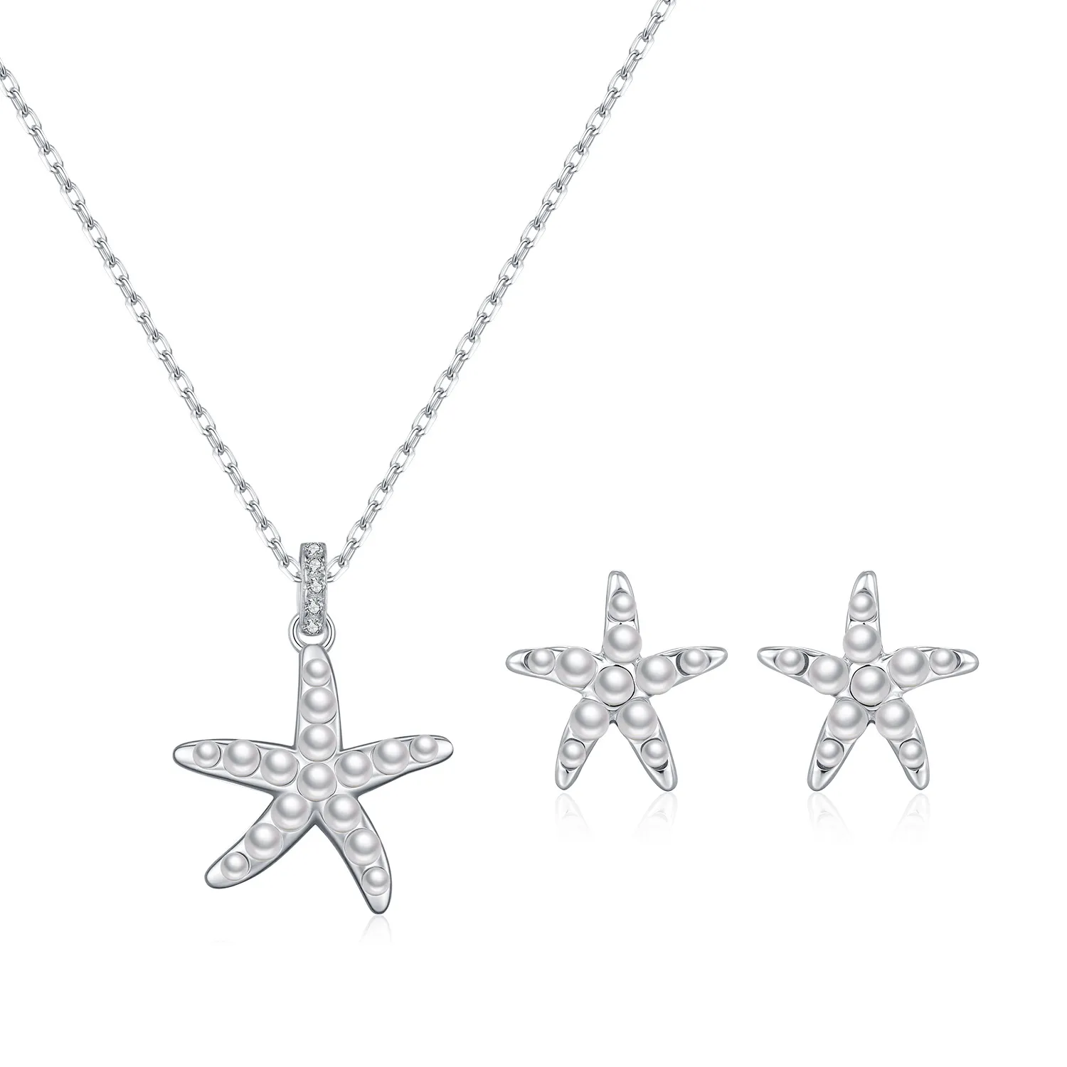 925 Sterling Silver Pearl Starfish Earring Necklace Set 140200013
