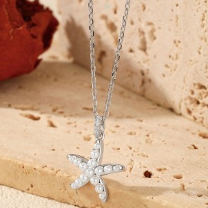 925 Sterling Silver Pearl Starfish Earring Necklace Set 140200013