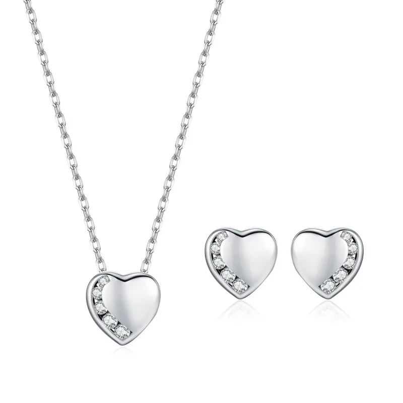 925 Sterling Silver Love Heart Pave Stud Earring Necklace Set 140200014