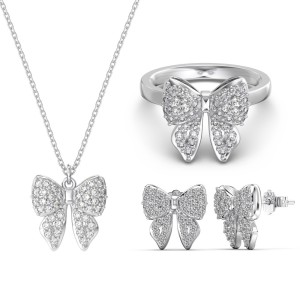 S925 Zirconia Bow Earring Ring Necklace Set 140300009