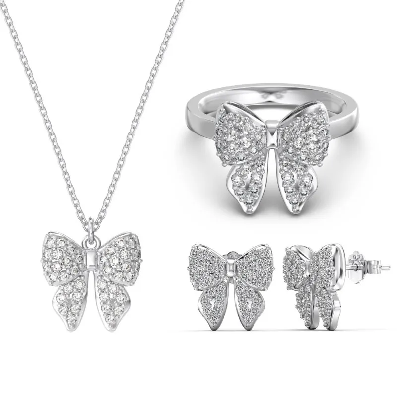 S925 Zirconia Bow Earring Ring Necklace Set 140300009