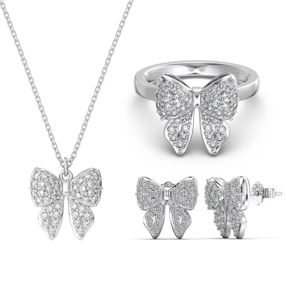 S925 Zirconia Bow Earring Ring Necklace Set 140300009