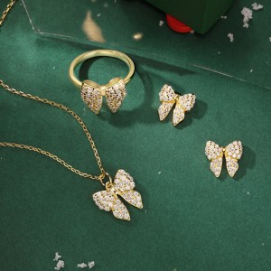 S925 Zirconia Bow Earring Ring Necklace Set 140300009