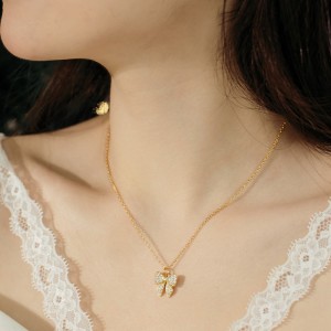 S925 Zirconia Bow Earring Ring Necklace Set 140300009