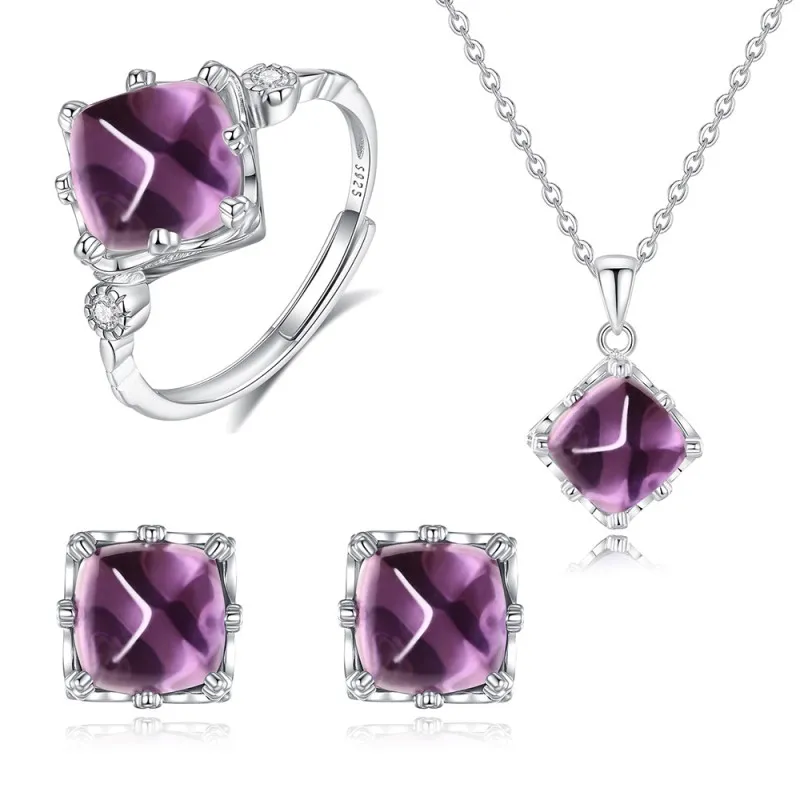 925 Sterling Silver Natural Amethyst Jewelry Set 140300010