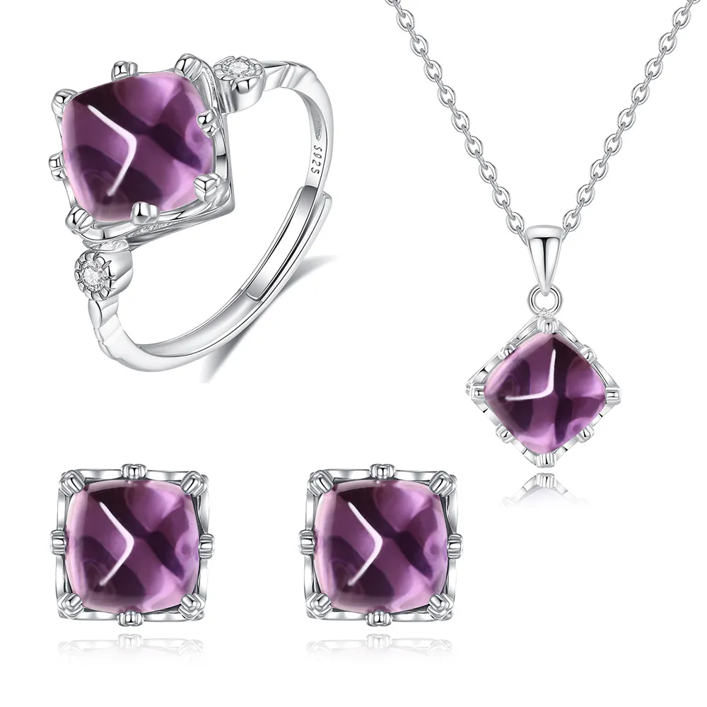 925 Sterling Silver Natural Amethyst Jewelry Set 140300010