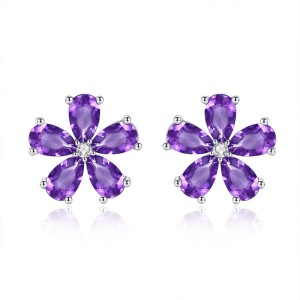 925 Sterling Silver Natural Crystal Stone Flower Jewelry Set 140300011