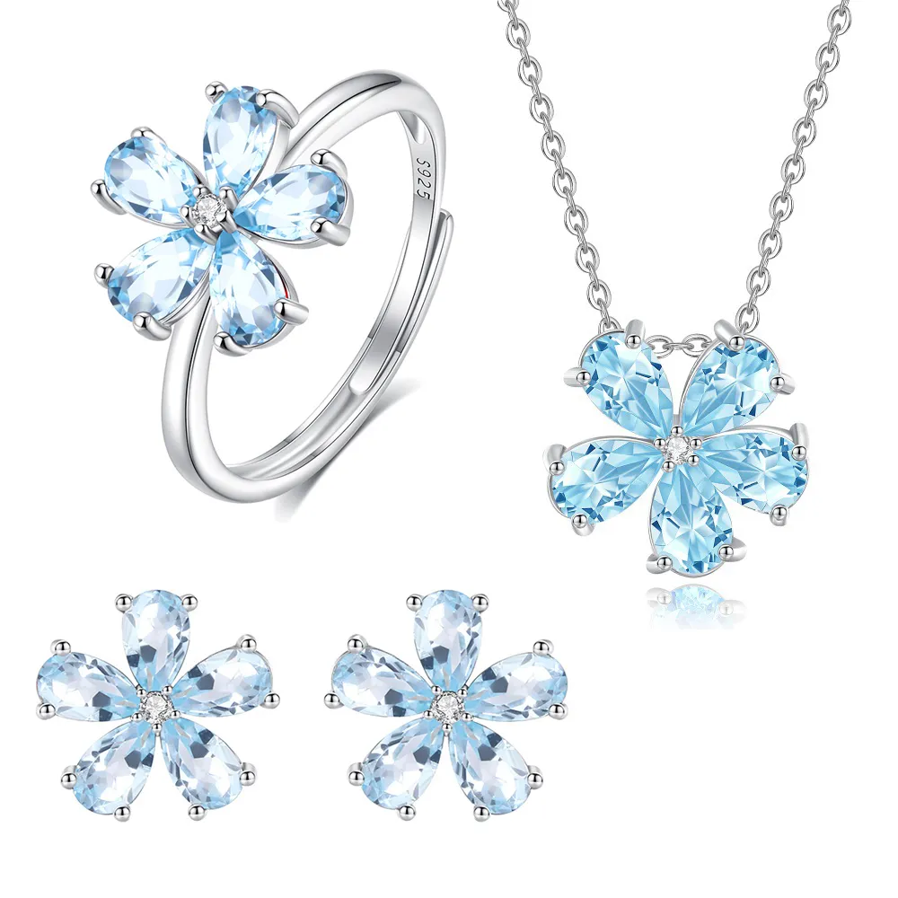 925 Sterling Silver Natural Crystal Stone Flower Jewelry Set 140300011