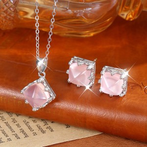 925 Sterling Silver Rose Quartz Jewelry Set 140300012