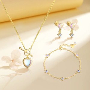 925 Sterling Silver Moonstone Heart Necklace Bracelet Earring Set 140400003