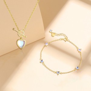 925 Sterling Silver Moonstone Heart Necklace Bracelet Earring Set 140400003