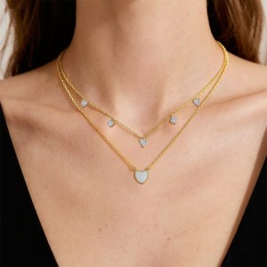 925 Sterling Silver Pave CZ Heart Layered Necklace Bracelet Set 140500001