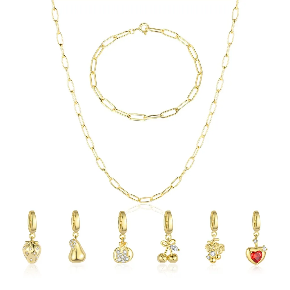 925 Sterling Silver Paperclip Chain Bracelet Necklace Fruit Charm Kit 140500002