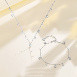 925 Sterling Silver Geometric Coin CZ Necklace Bracelet Set 140500003