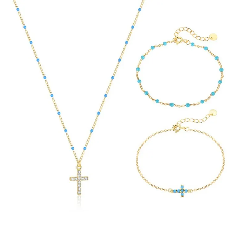 925 Sterling Silver Bead Cross Necklace Bracelet Set 140500004