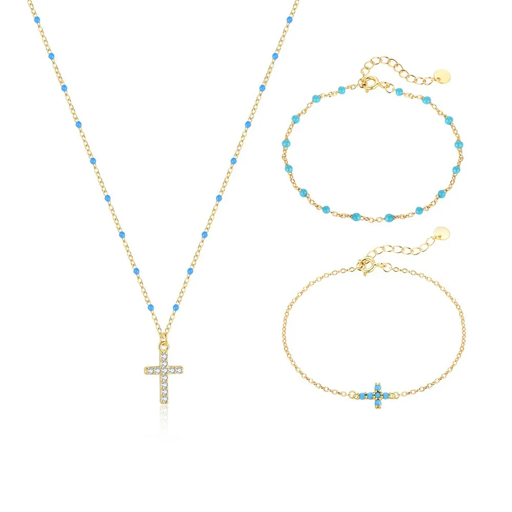 925 Sterling Silver Bead Cross Necklace Bracelet Set 140500004
