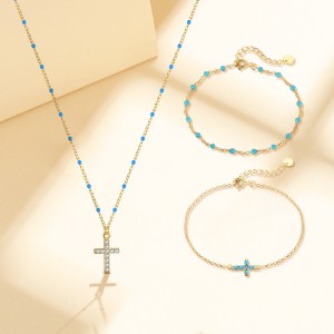 925 Sterling Silver Bead Cross Necklace Bracelet Set 140500004